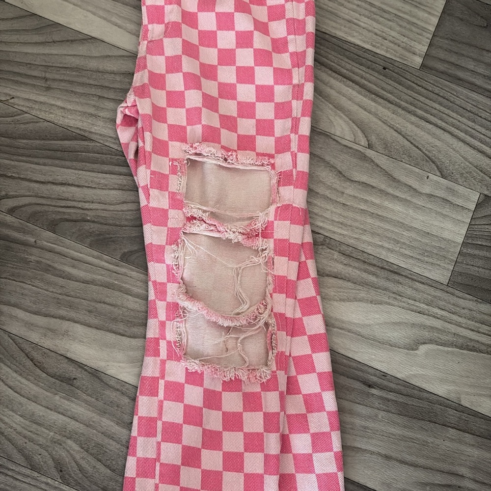 Pink Checkerboard Ripped Skinny Jeans